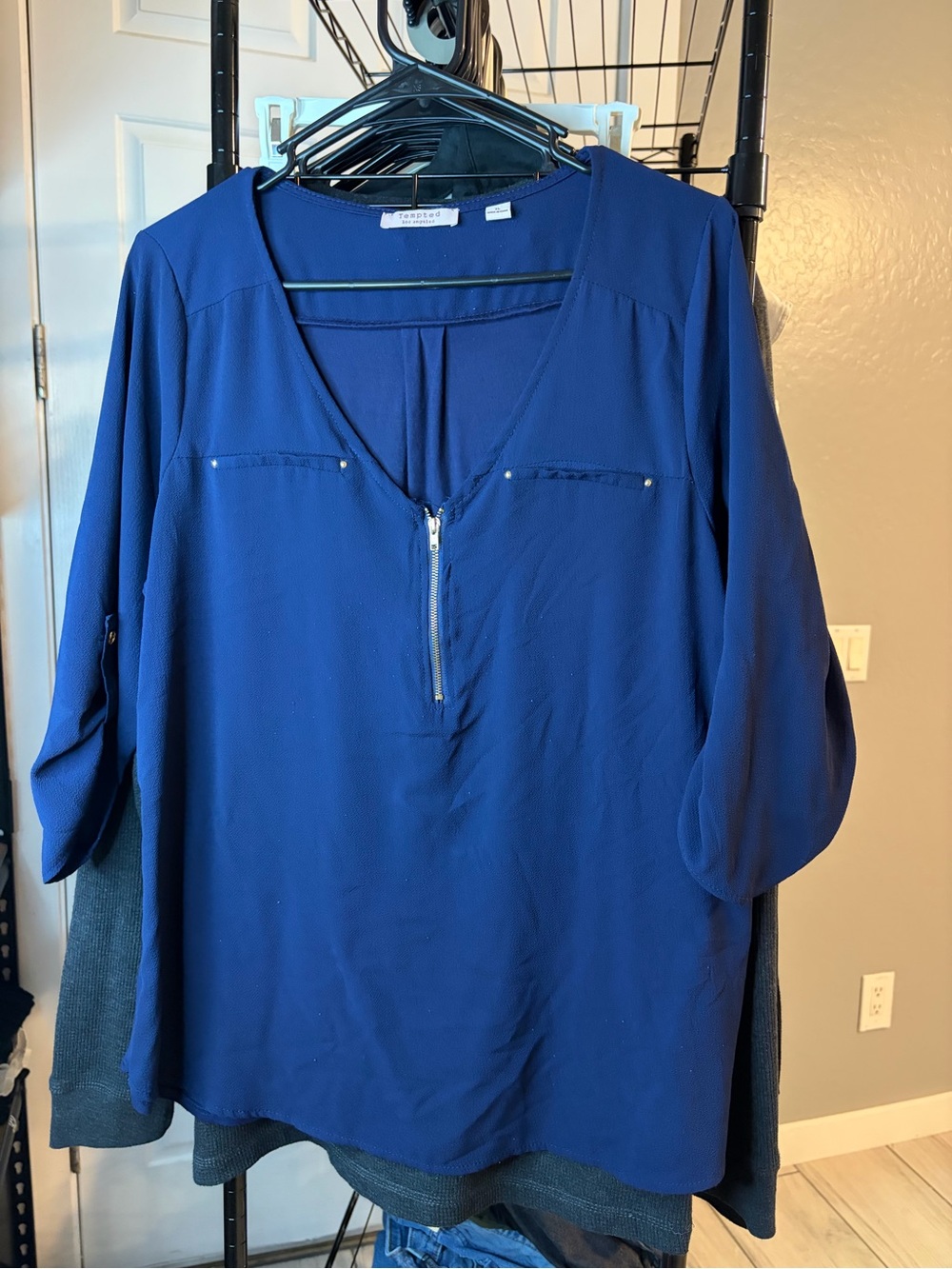 Tempted Cobalt Blue Zip-Front V-Neck Blouse